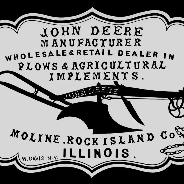 Историческая реклама дилера 1855 г. "Производство, оптовая и розничная торговля плугами и сельскохозяйственным оборудованием John Deere. Молин, Рок-Айленд, Иллинойс"